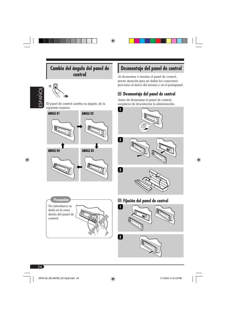 Desmontaje del panel de control, Cambio del ángulo del panel de control | JVC KD-AR760 User Manual | Page 58 / 105