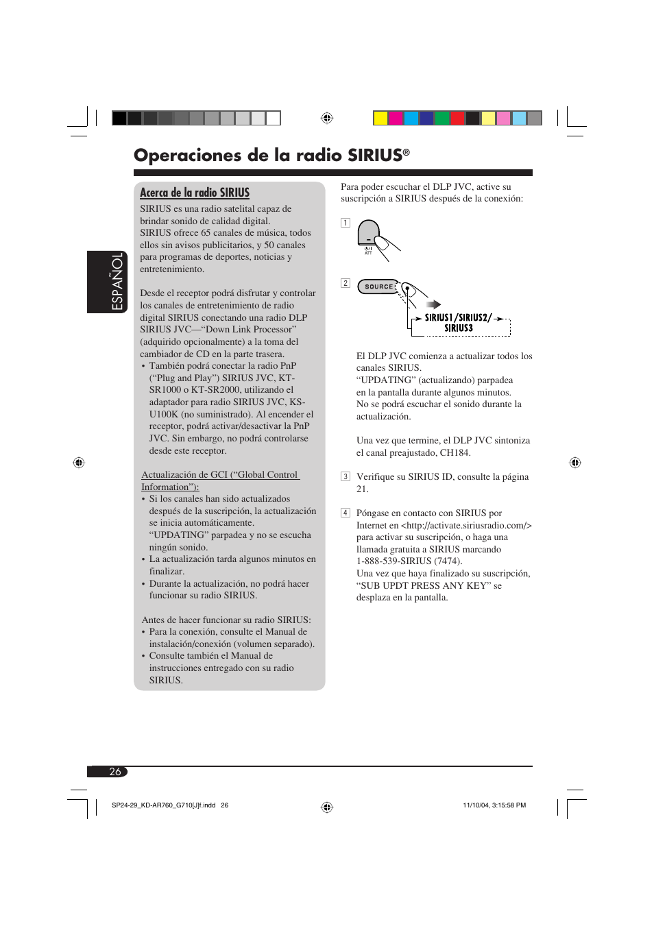 Operaciones de la radio sirius, Español | JVC KD-AR760 User Manual | Page 60 / 105