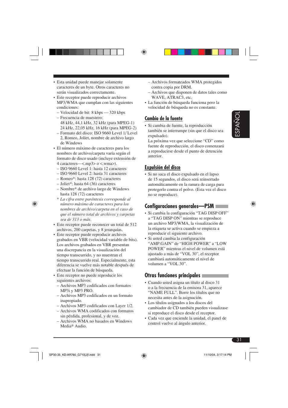 Espa ñ ol, Configuraciones generales—psm, Otras funciones principales | JVC KD-AR760 User Manual | Page 65 / 105