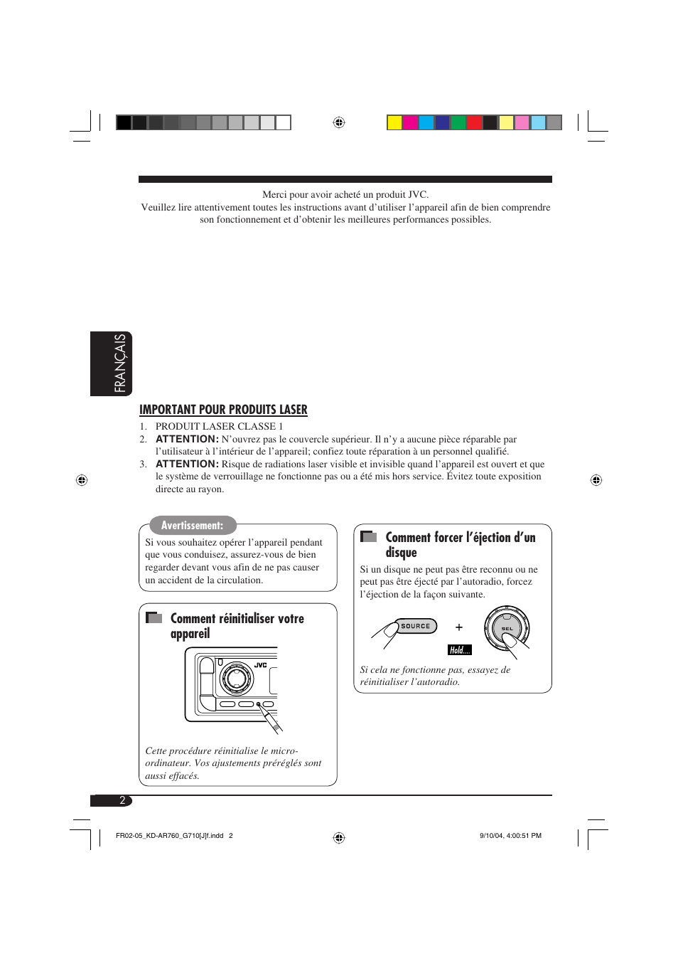 Français comment forcer l’éjection d’un disque, Comment réinitialiser votre appareil | JVC KD-AR760 User Manual | Page 70 / 105