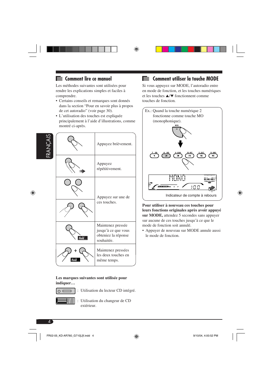 Fran ç ais comment lire ce manuel, Comment utiliser la touche mode | JVC KD-AR760 User Manual | Page 72 / 105