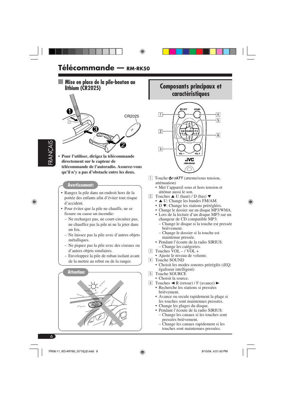 Télécommande, Composants principaux et caractéristiques, Français | JVC KD-AR760 User Manual | Page 74 / 105