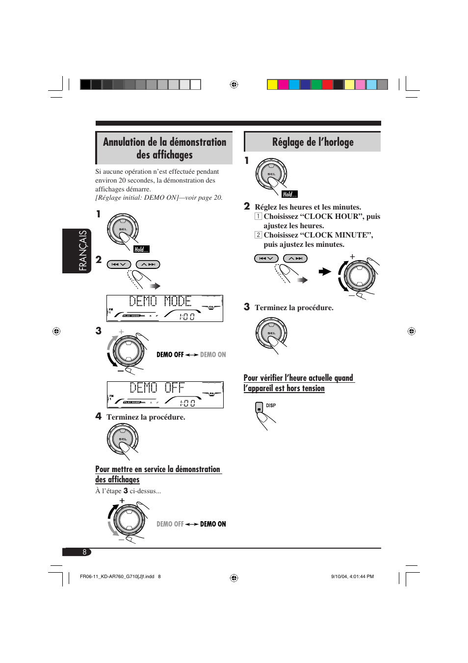 Annulation de la démonstration des affichages, Réglage de l’horloge | JVC KD-AR760 User Manual | Page 76 / 105