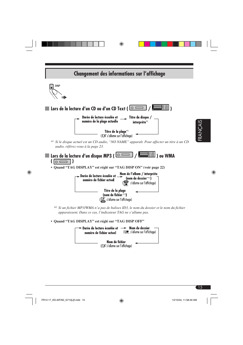 Changement des informations sur l’affichage, Français, Lors de la lecture d’un cd ou d’un cd text ( / ) | JVC KD-AR760 User Manual | Page 83 / 105