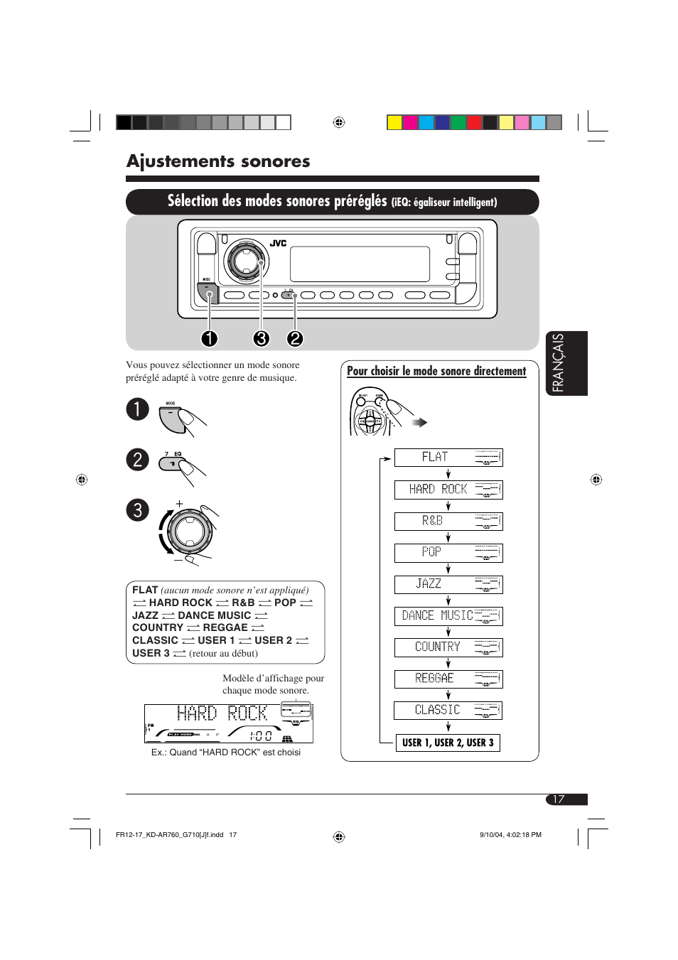 Ajustements sonores, Sélection des modes sonores préréglés | JVC KD-AR760 User Manual | Page 85 / 105