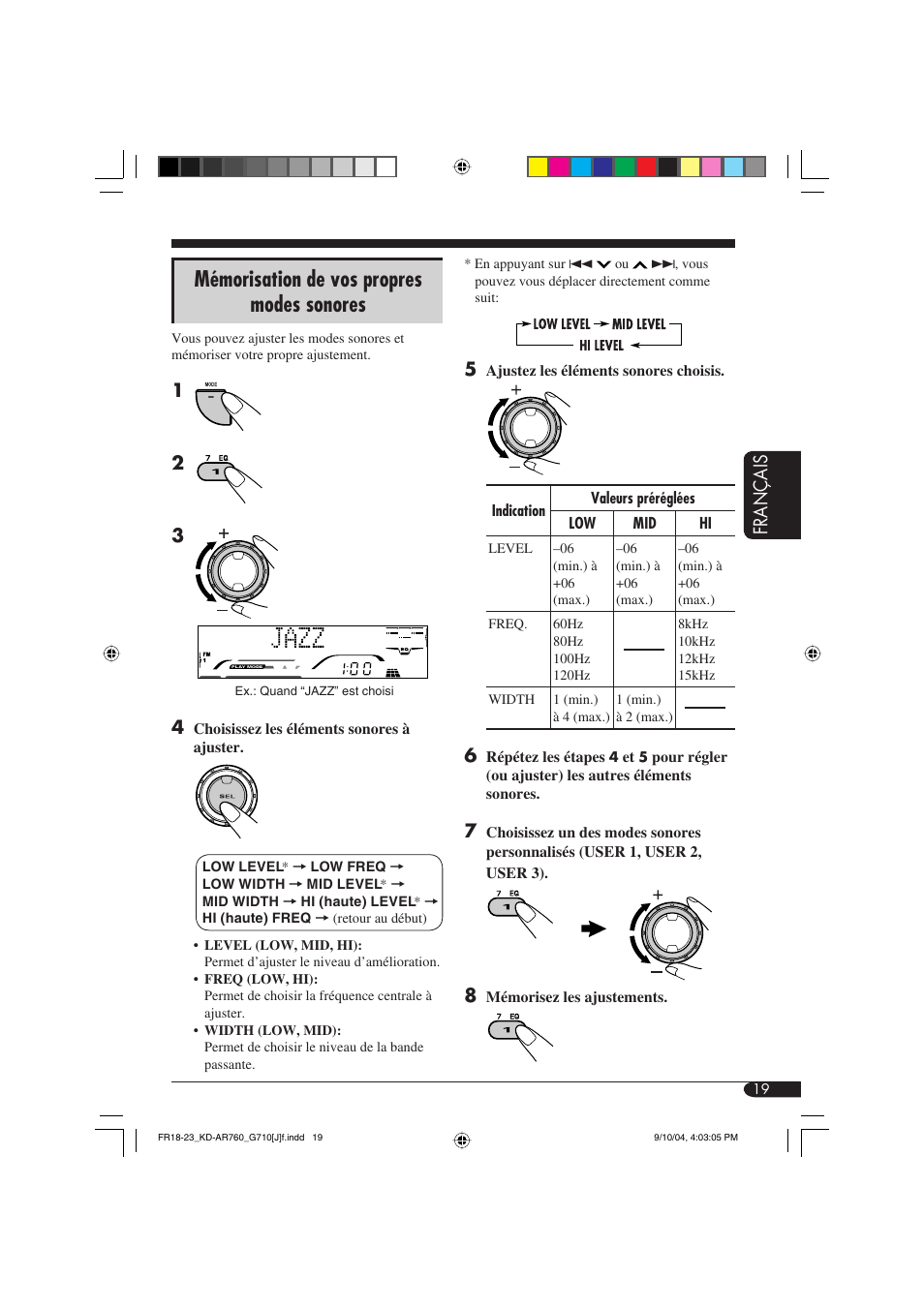 Mémorisation de vos propres modes sonores, Fran ç ais | JVC KD-AR760 User Manual | Page 87 / 105