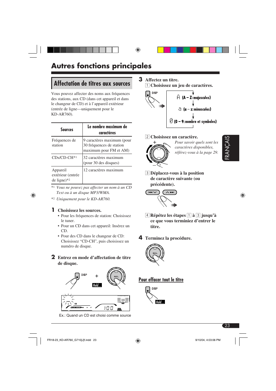 Autres fonctions principales, Affectation de titres aux sources, Fran ç ais | JVC KD-AR760 User Manual | Page 91 / 105