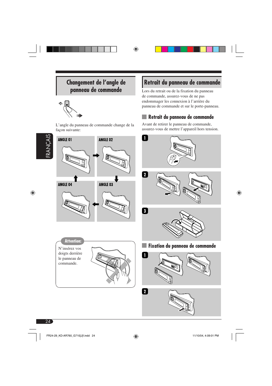 Retrait du panneau de commande, Changement de l’angle de panneau de commande | JVC KD-AR760 User Manual | Page 92 / 105