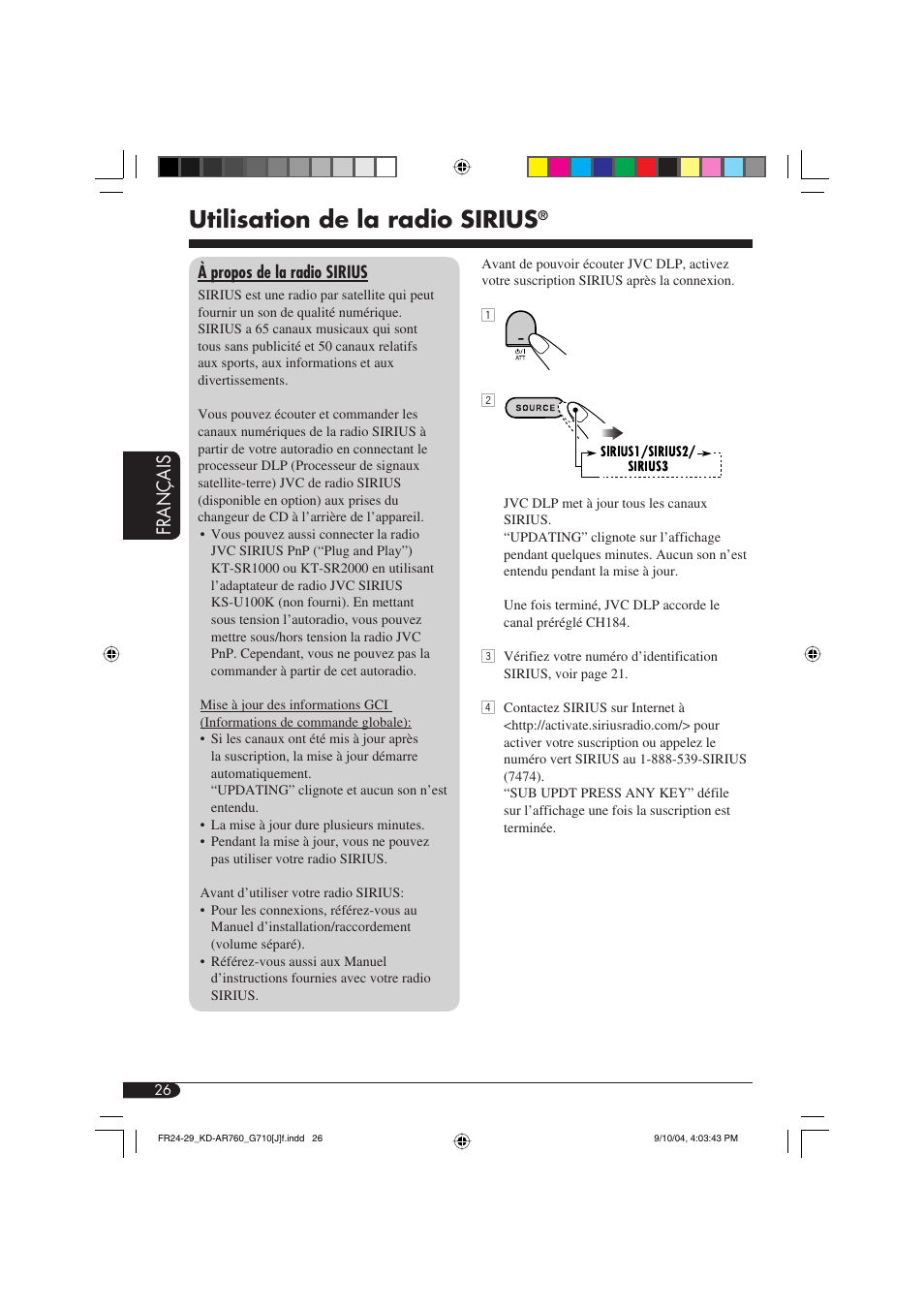 Utilisation de la radio sirius, Fran ç ais | JVC KD-AR760 User Manual | Page 94 / 105