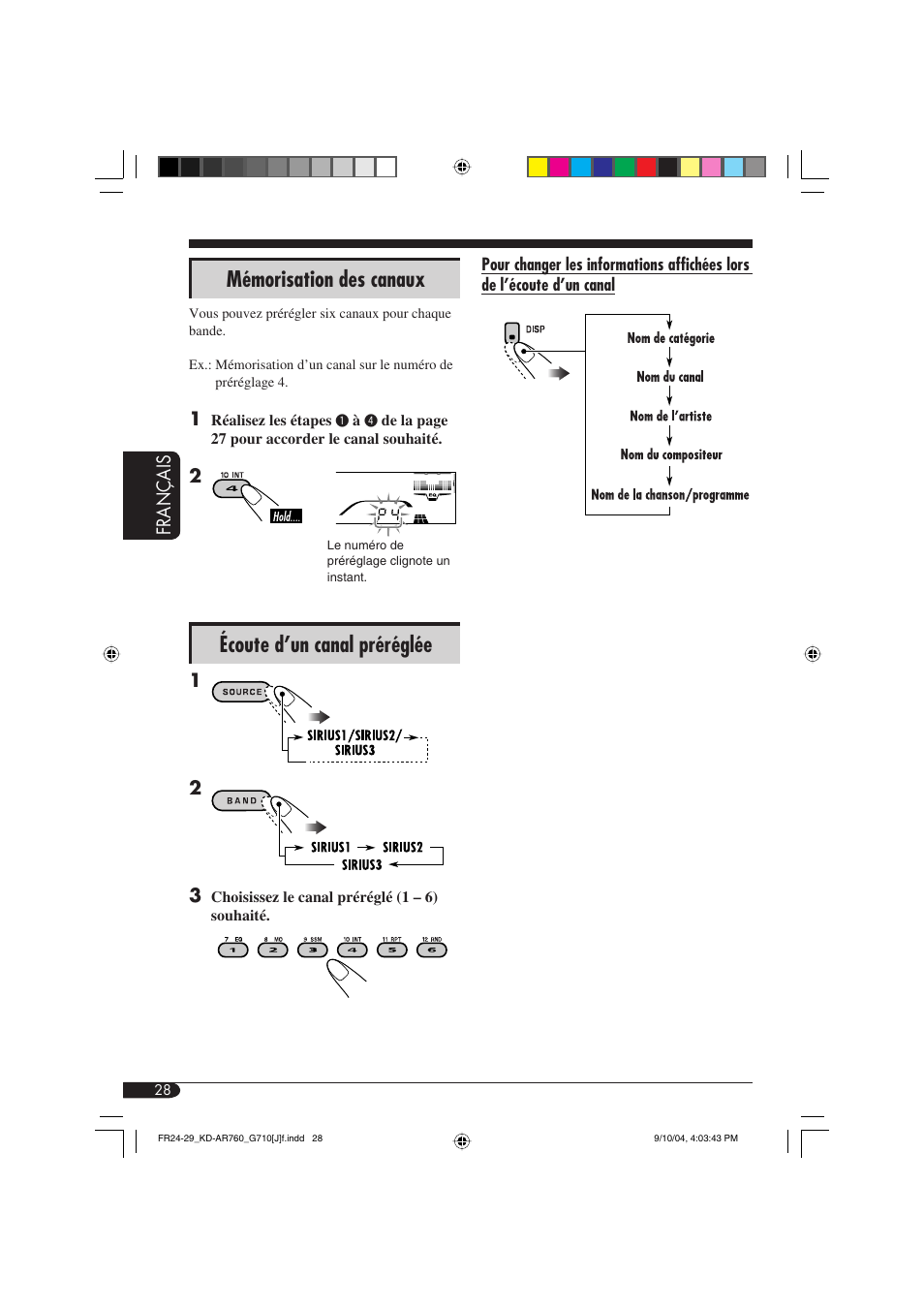 Mémorisation des canaux, Écoute d’un canal préréglée | JVC KD-AR760 User Manual | Page 96 / 105