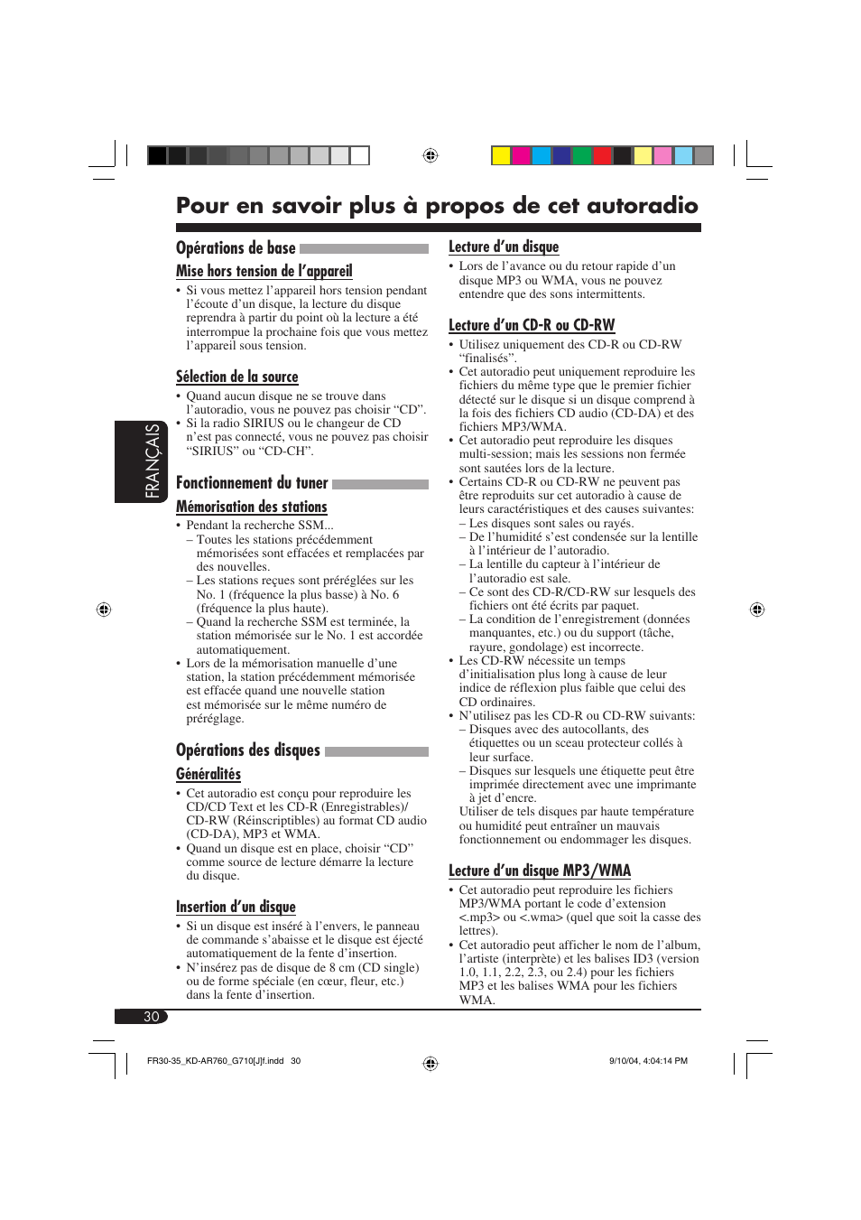 Pour en savoir plus à propos de cet autoradio, Français, Opérations de base | Fonctionnement du tuner, Opérations des disques | JVC KD-AR760 User Manual | Page 98 / 105