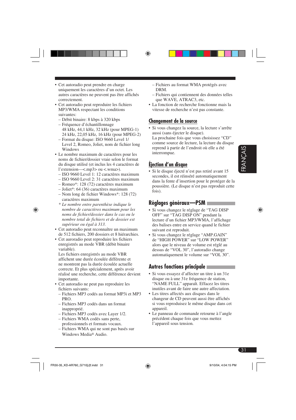 Fran ç ais, Réglages généraux—psm, Autres fonctions principale | JVC KD-AR760 User Manual | Page 99 / 105