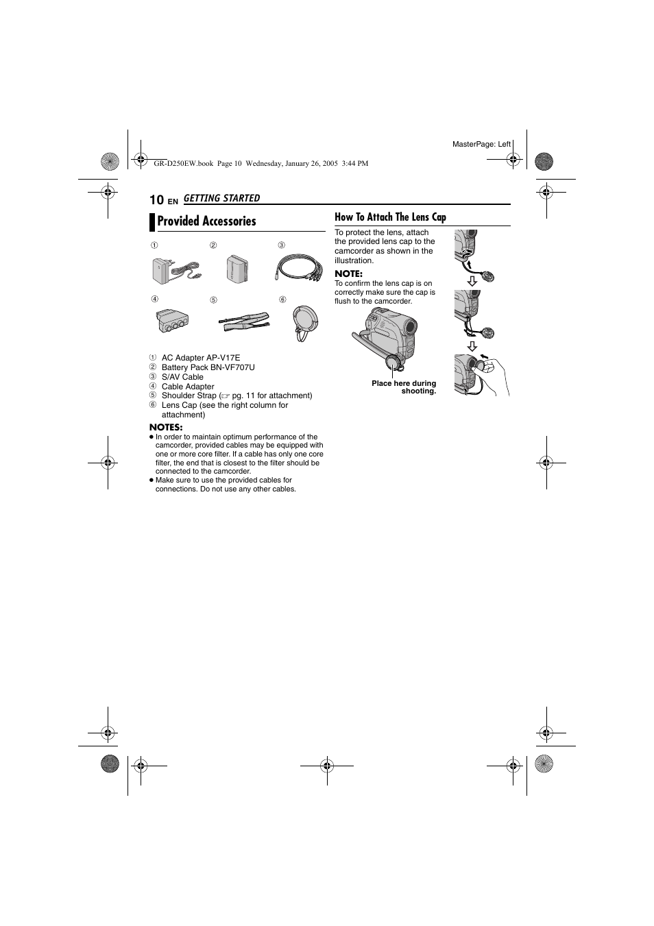 Provided accessories, How to attach the lens cap | JVC GR-D250 User Manual | Page 10 / 48