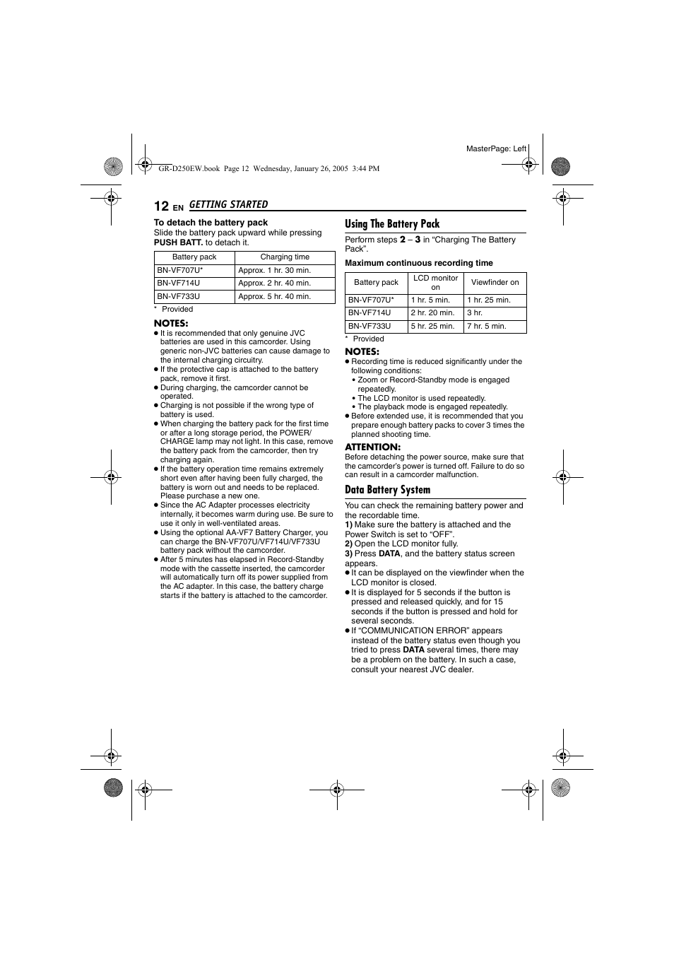 Using the battery pack, Data battery system, Tton | Pg. 12), Getting started | JVC GR-D250 User Manual | Page 12 / 48