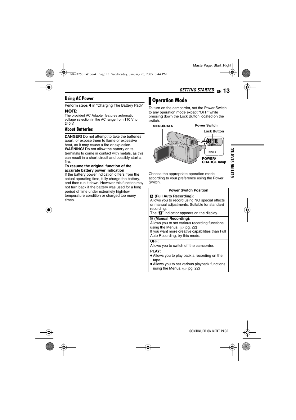 Using ac power, About batteries, Operation mode | Pg. 13) | JVC GR-D250 User Manual | Page 13 / 48