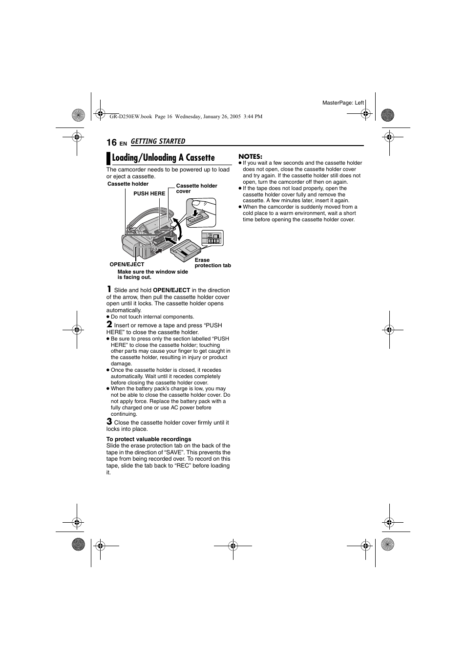 Loading/unloading a cassette, Pg. 16) | JVC GR-D250 User Manual | Page 16 / 48