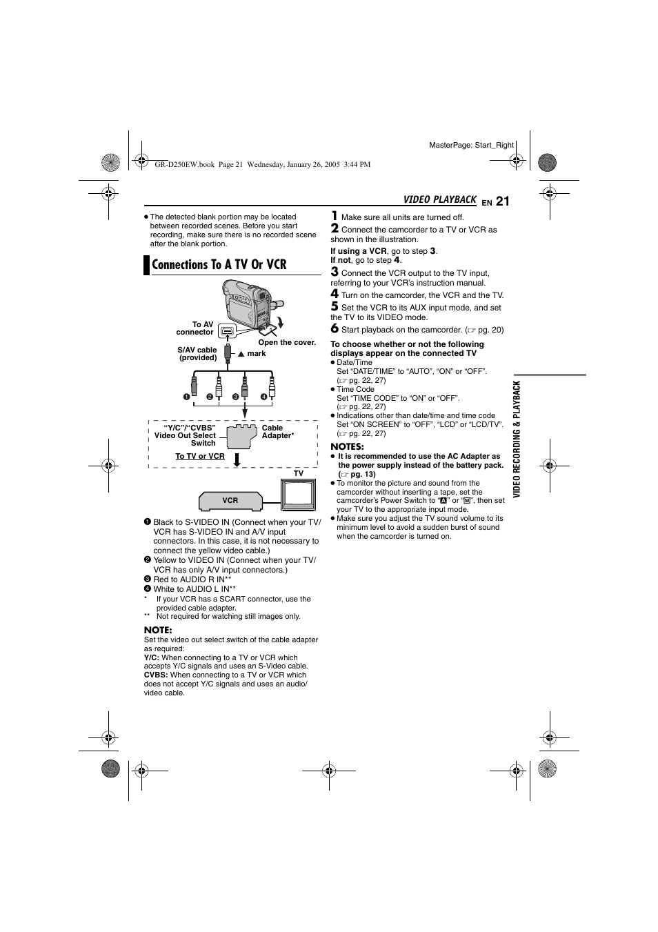 Connections to a tv or vcr, Pg. 21, Pg. 21) | JVC GR-D250 User Manual | Page 21 / 48