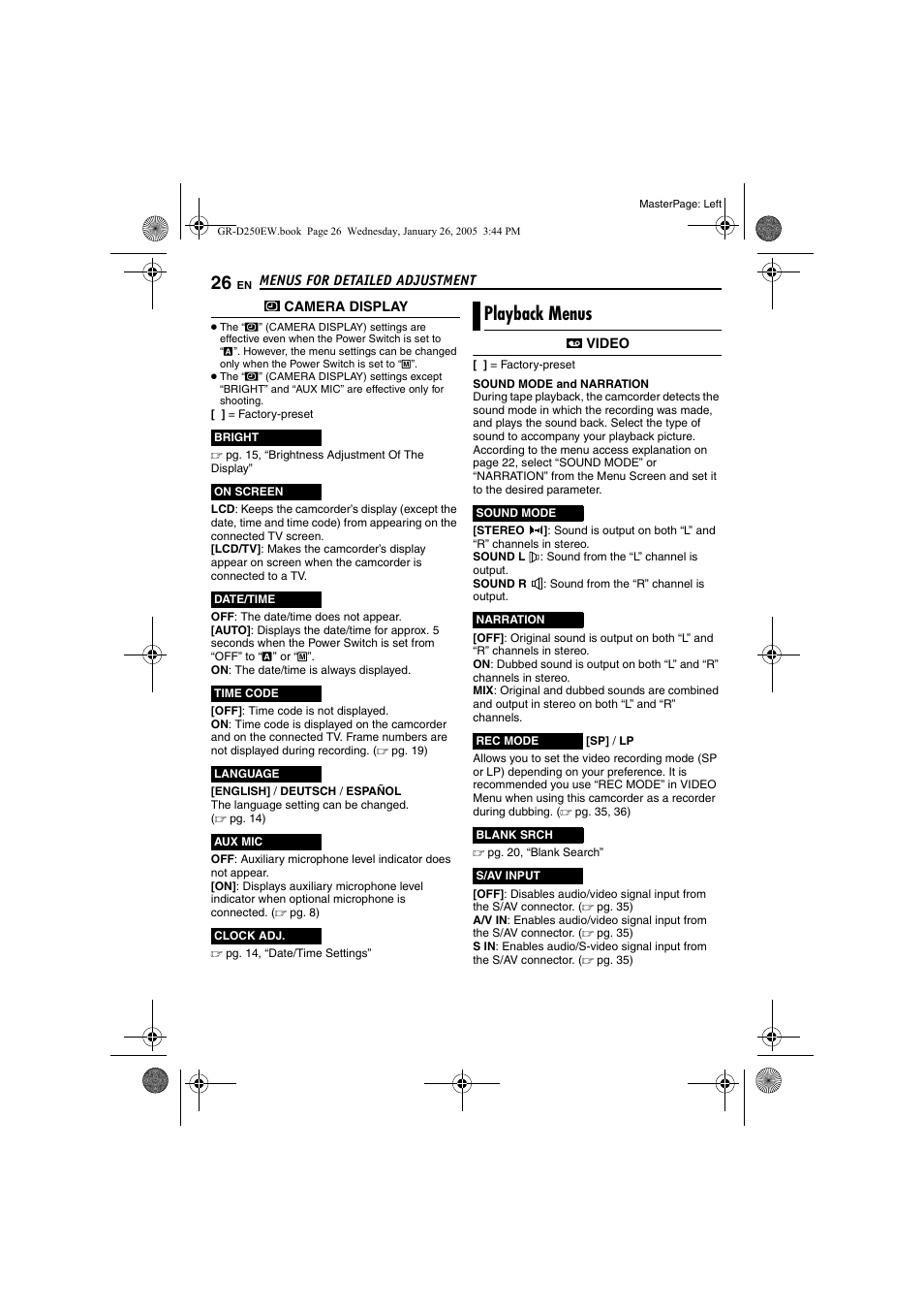 Playback menus, Pg. 26), Pg. 26, “aux mic” ) | Pg. 26, 2, R (੬ pg. 26), Time, Pg. 26, Pg. 26, 27, Video | JVC GR-D250 User Manual | Page 26 / 48