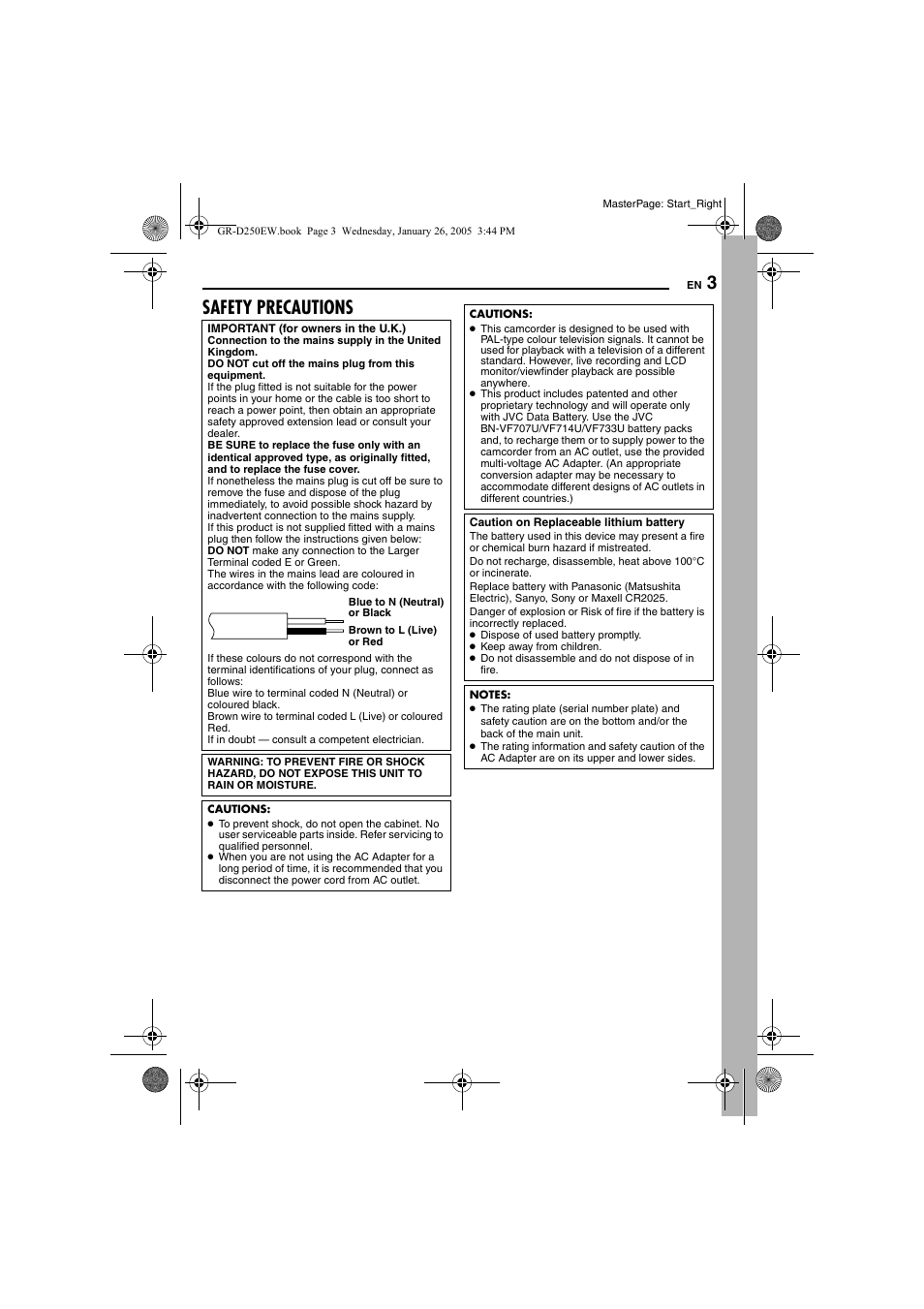 Safety precautions | JVC GR-D250 User Manual | Page 3 / 48