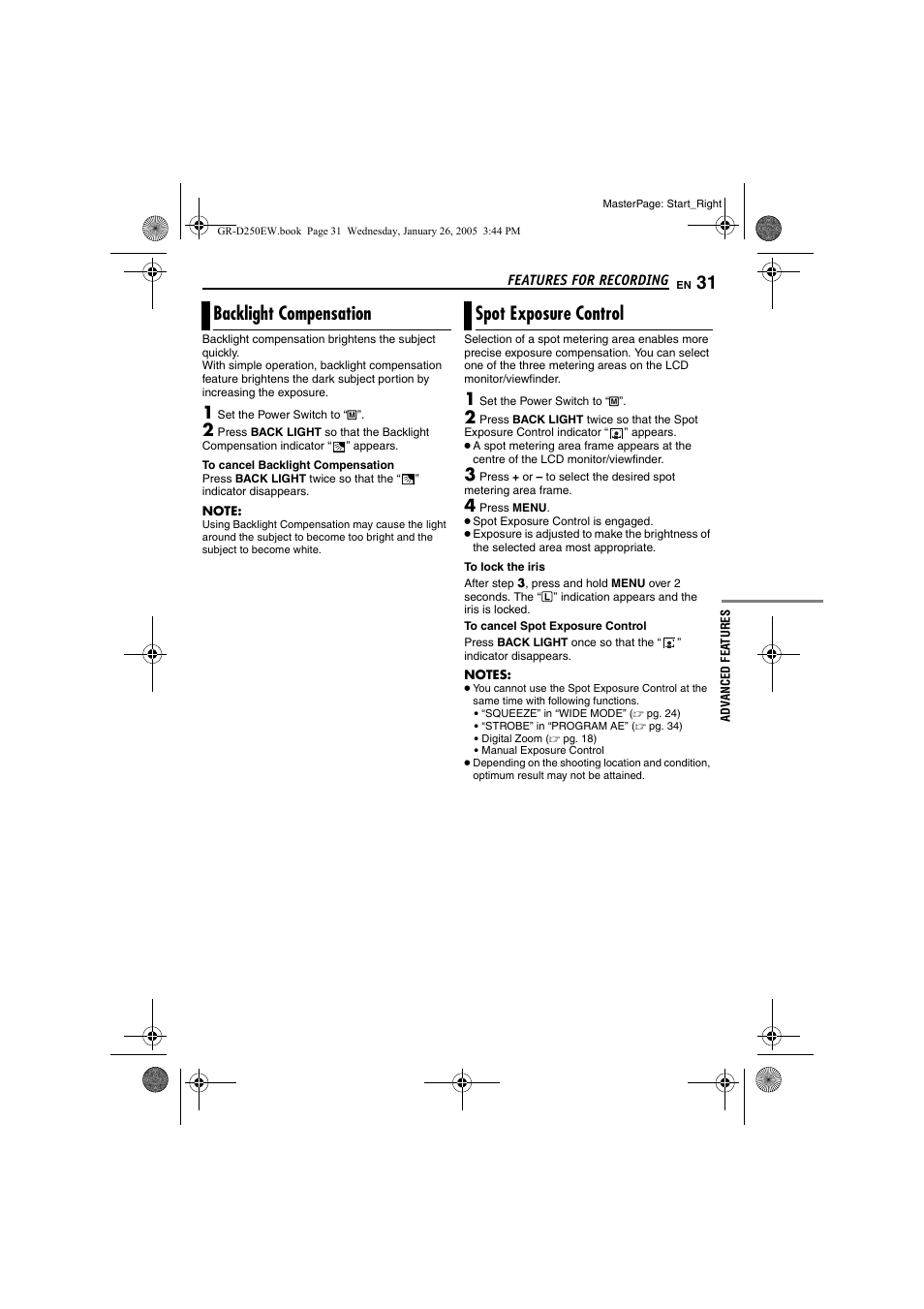 Backlight compensation, Spot exposure control, Pg. 31) | Pg. 31, spot exposure, Control), 31 spot exposure control, Light, Backlight compensation spot exposure control | JVC GR-D250 User Manual | Page 31 / 48