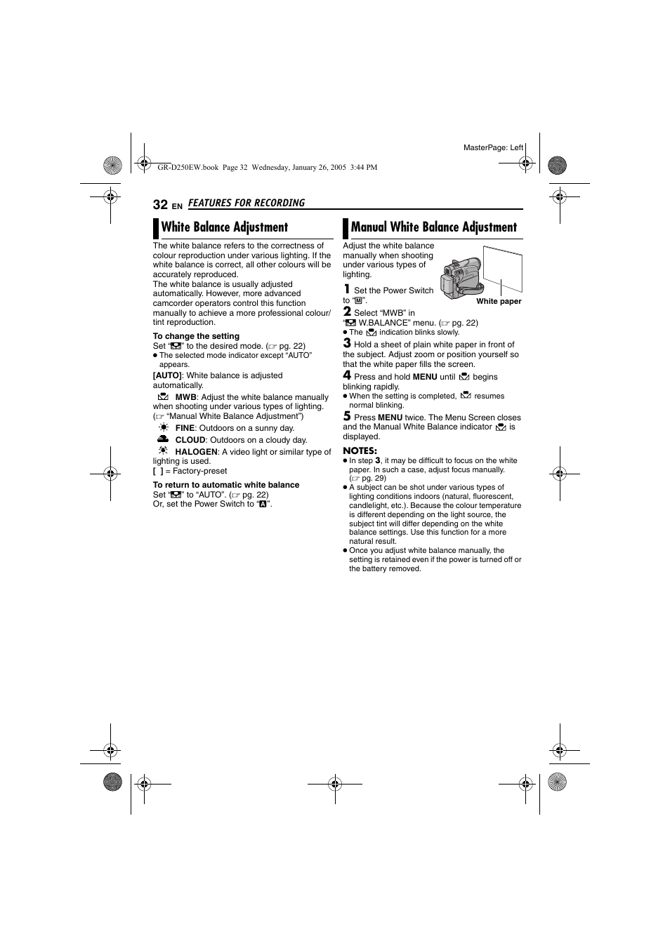 White balance adjustment, Manual white balance adjustment, 32 manual white balance adjustment | Pg. 32) | JVC GR-D250 User Manual | Page 32 / 48