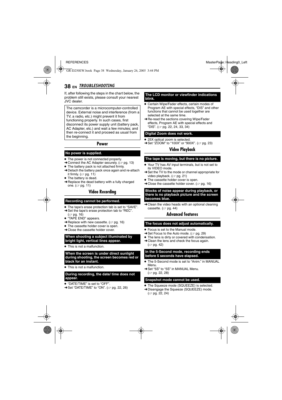 Troubleshooting, References, Power | Video recording, Video playback, Advanced features | JVC GR-D250 User Manual | Page 38 / 48