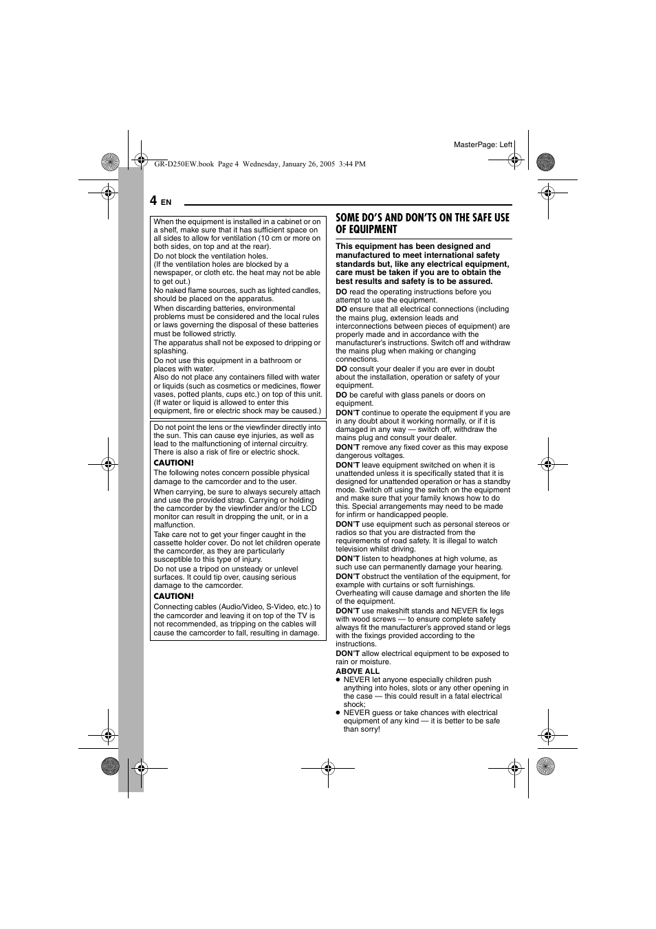 Some do’s and don’ts on the safe use of equipment, 4 and | JVC GR-D250 User Manual | Page 4 / 48