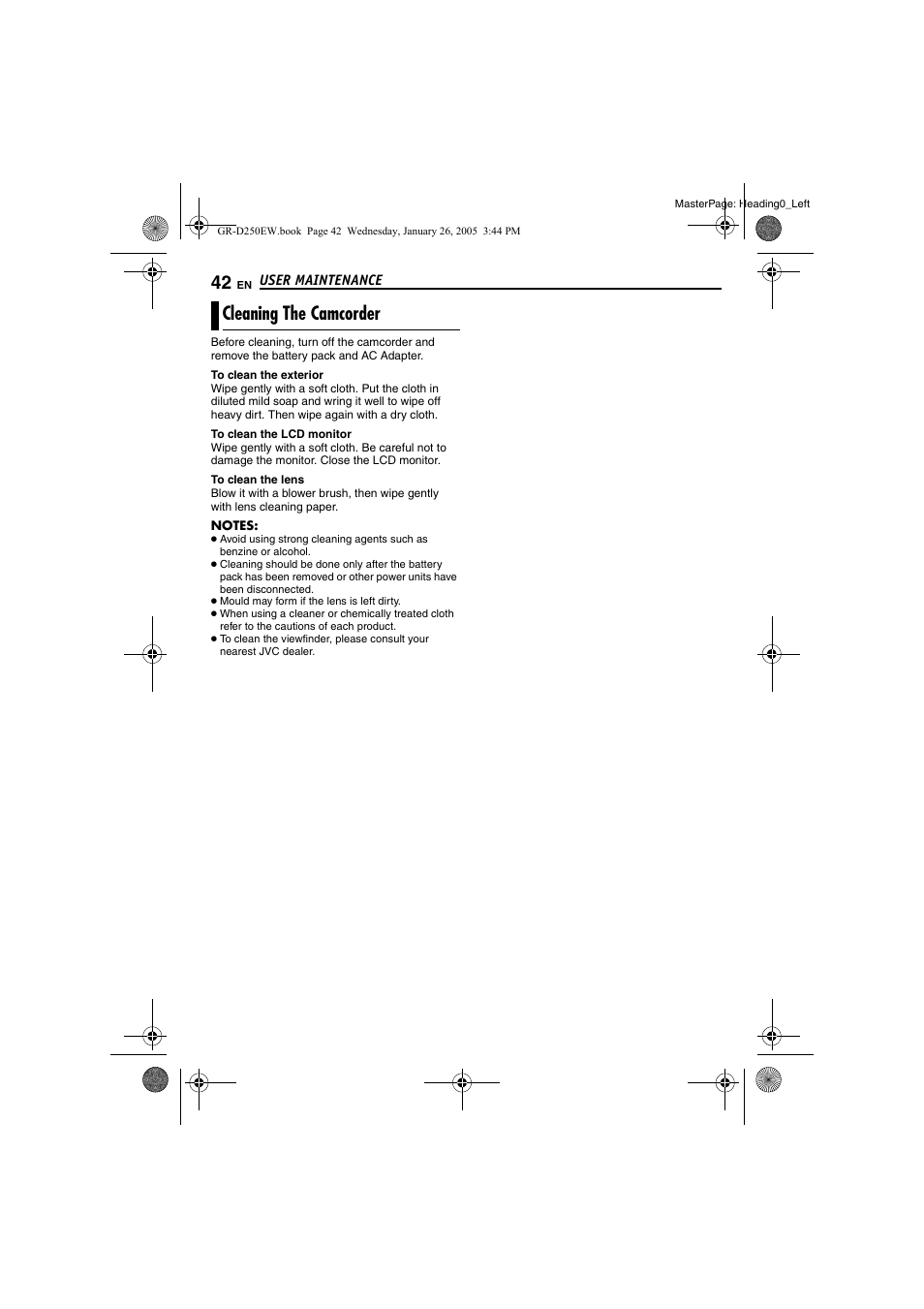 User maintenance, Cleaning the camcorder, Pg. 42) | JVC GR-D250 User Manual | Page 42 / 48