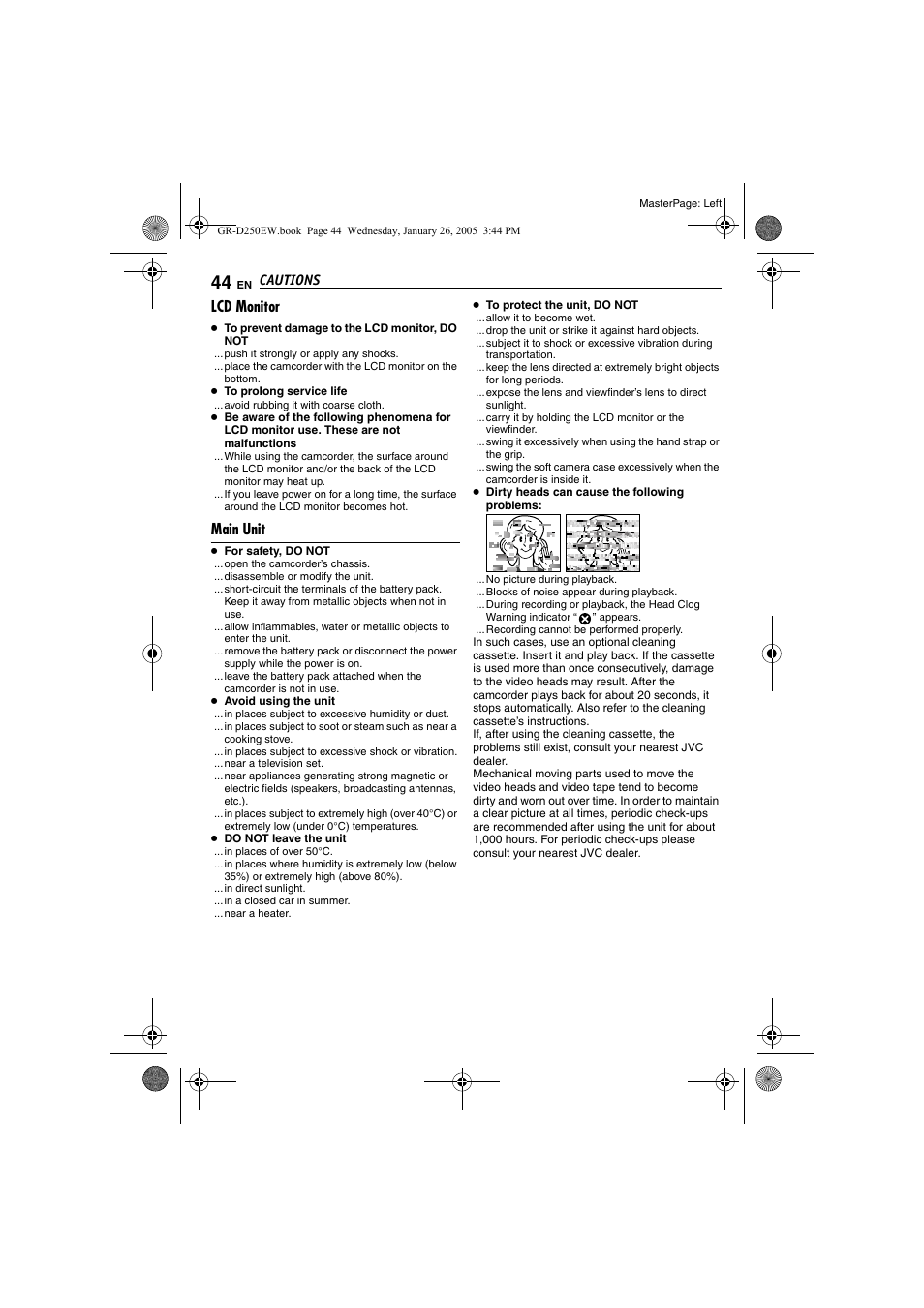 Lcd monitor, Main unit, Pg. 44) | Cautions | JVC GR-D250 User Manual | Page 44 / 48