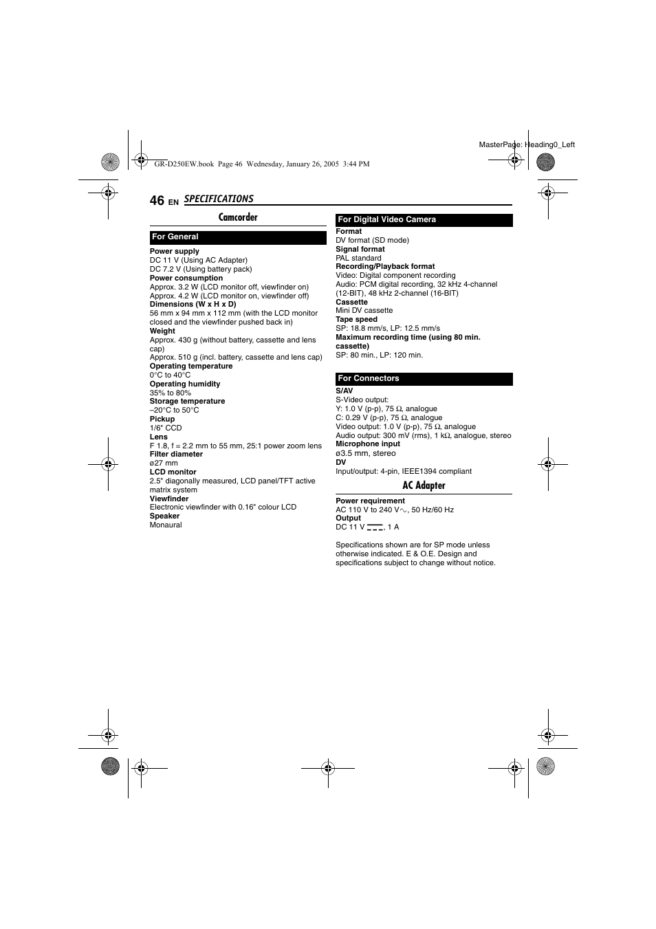 Specifications, Camcorder, Ac adapter | JVC GR-D250 User Manual | Page 46 / 48