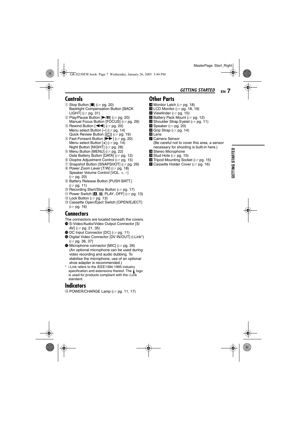 Controls, Connectors, Indicators | Other parts | JVC GR-D250 User Manual | Page 7 / 48