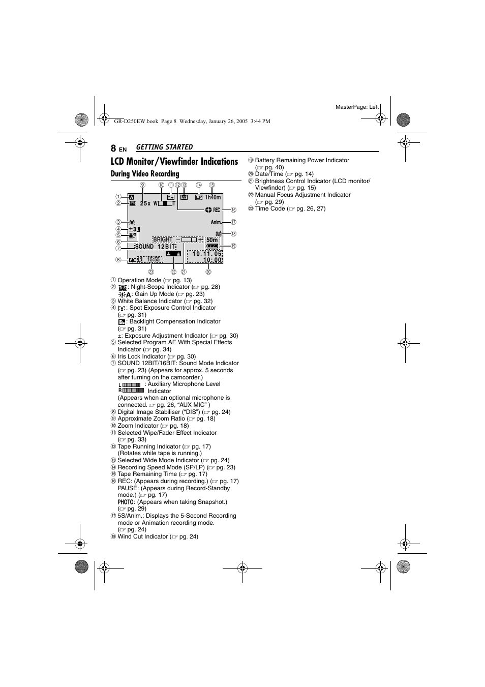 Lcd monitor/viewfinder indications, During video recording | JVC GR-D250 User Manual | Page 8 / 48