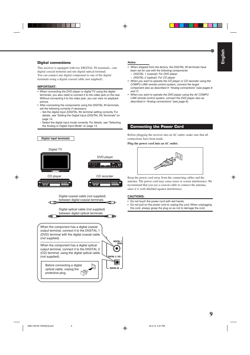English, Connecting the power cord | JVC RX-7520VBK User Manual | Page 12 / 46