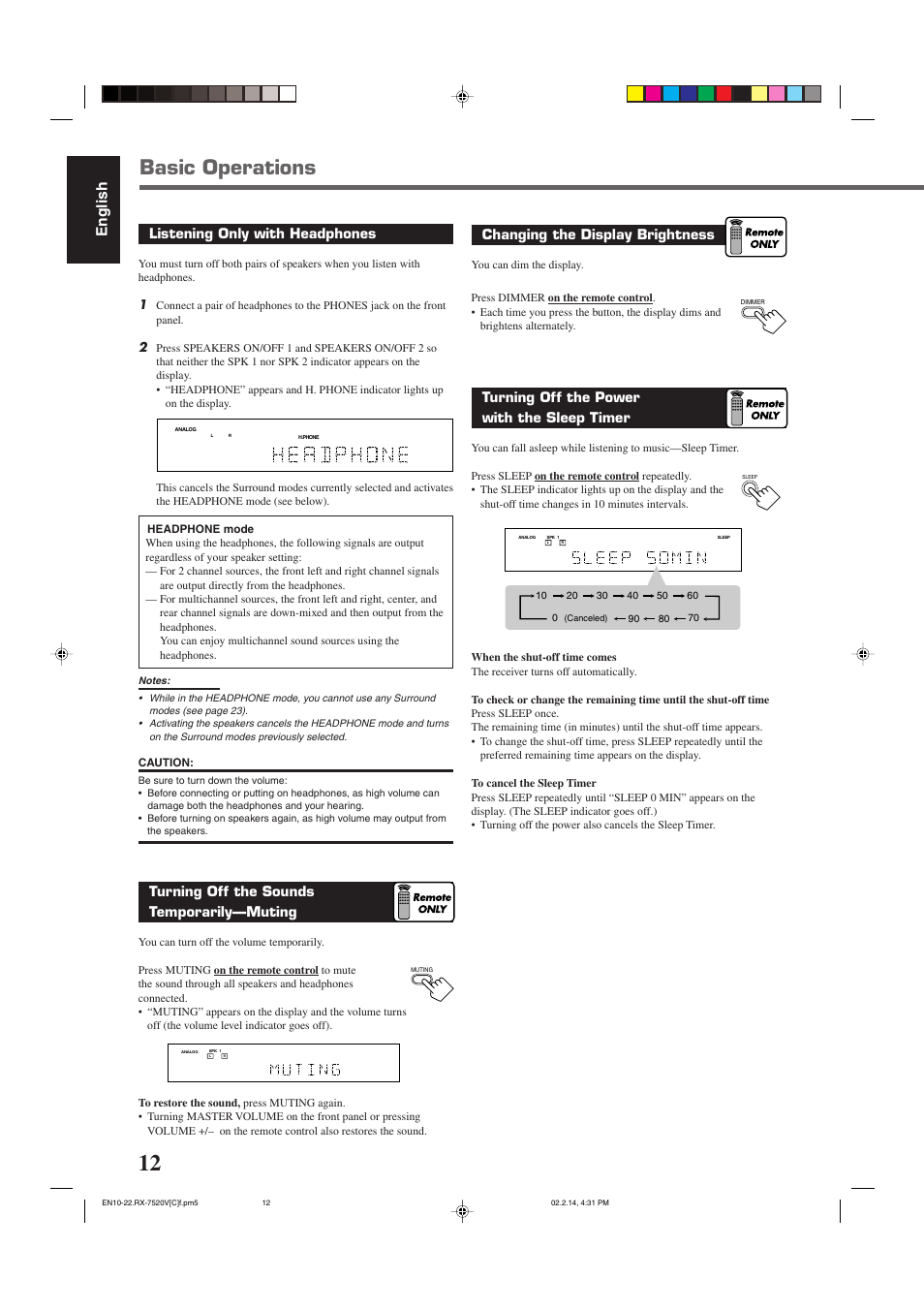 Basic operations, English, Changing the display brightness | Turning off the power with the sleep timer, Listening only with headphones, Turning off the sounds temporarily—muting | JVC RX-7520VBK User Manual | Page 15 / 46