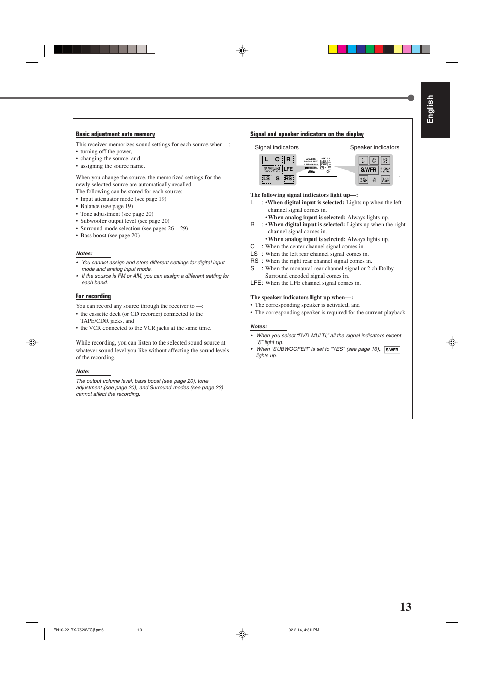 English, For recording, Signal and speaker indicators on the display | JVC RX-7520VBK User Manual | Page 16 / 46