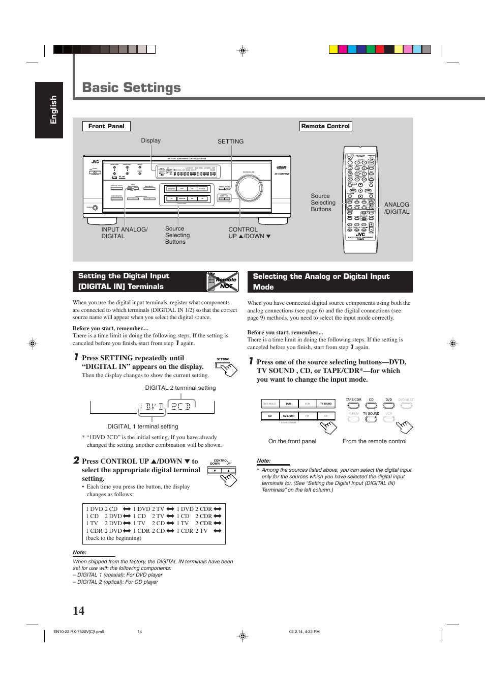 Basic settings, English, Setting the digital input [digital in] terminals | Standby, Input att, Lc s.wfr ls rs, Slfe, Selecting the analog or digital input mode, Front panel remote control, Source selecting buttons | JVC RX-7520VBK User Manual | Page 17 / 46
