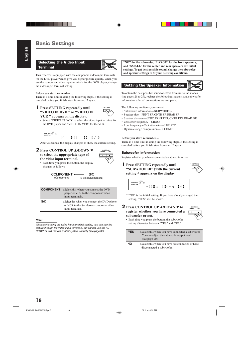 Basic settings, English, Selecting the video input terminal | Setting the speaker information | JVC RX-7520VBK User Manual | Page 19 / 46