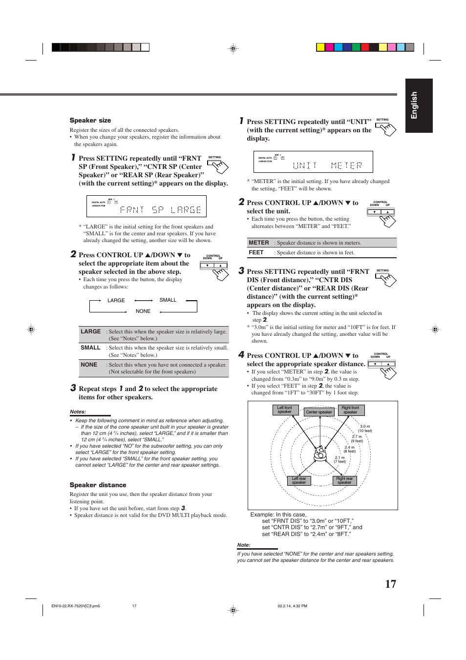 English, Press control up 5 /down ∞ to select the unit, Speaker size | Speaker distance | JVC RX-7520VBK User Manual | Page 20 / 46