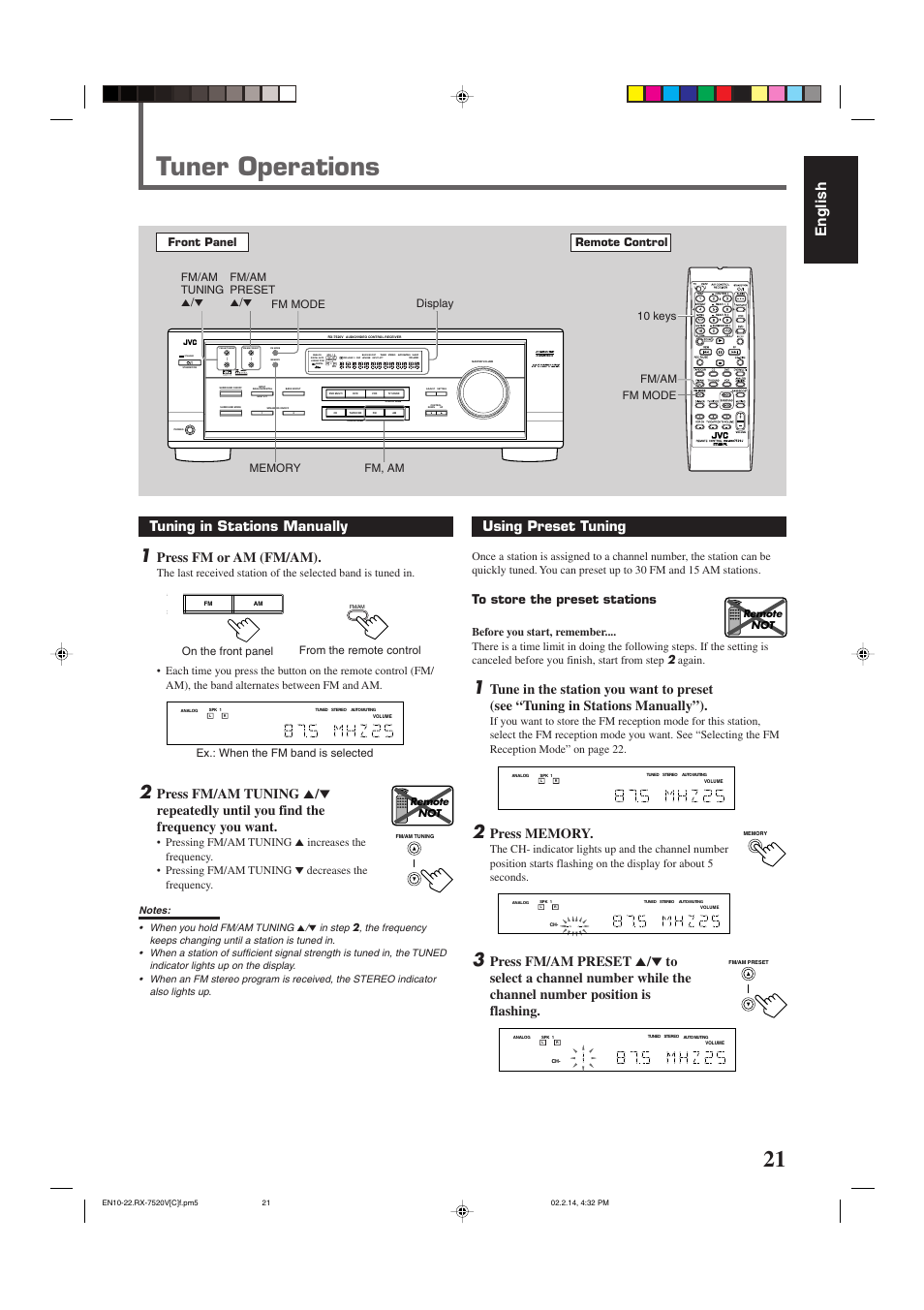 Tuner operations, English, Tuning in stations manually | Press fm or am (fm/am), Using preset tuning, Standby, Input att, Lc s.wfr ls rs, Slfe, Front panel remote control | JVC RX-7520VBK User Manual | Page 24 / 46