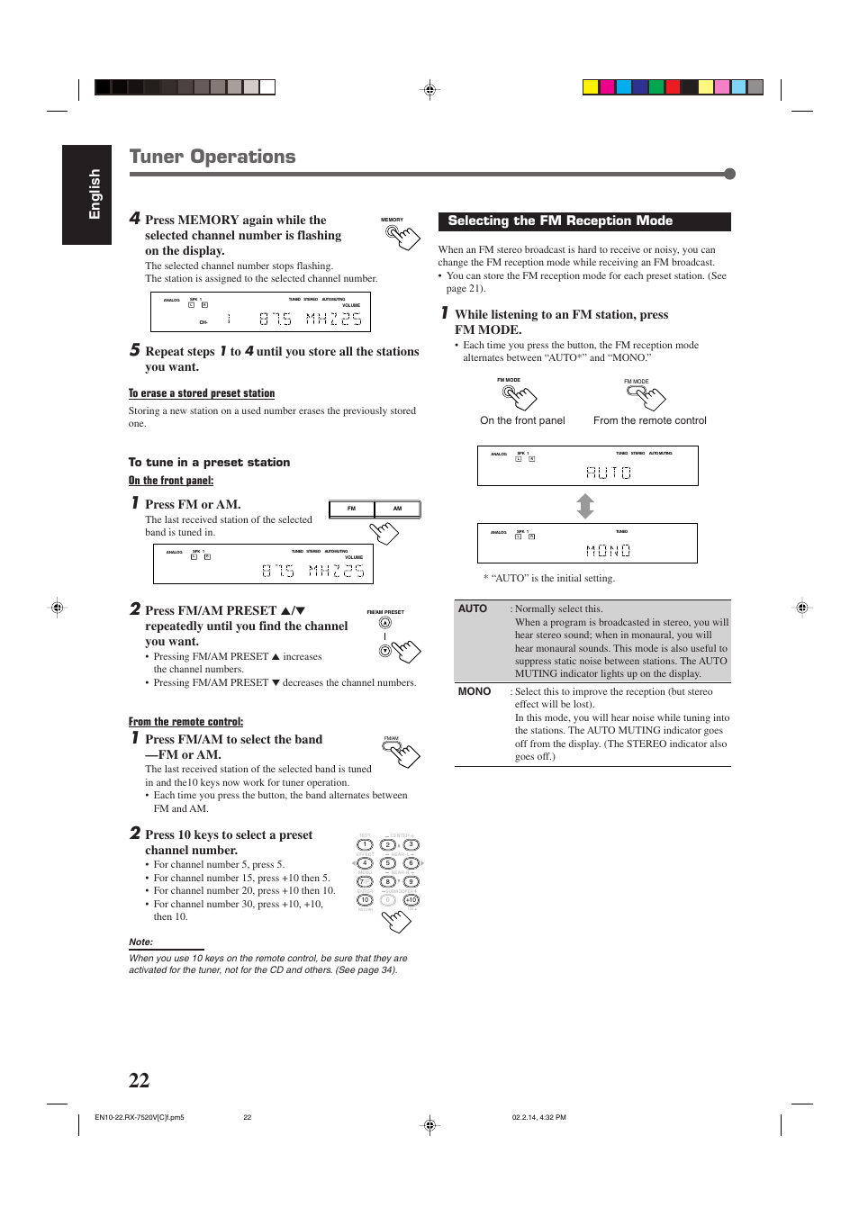 Tuner operations, English, Selecting the fm reception mode | While listening to an fm station, press fm mode, Press fm or am, Press fm/am to select the band —fm or am, Press 10 keys to select a preset channel number | JVC RX-7520VBK User Manual | Page 25 / 46
