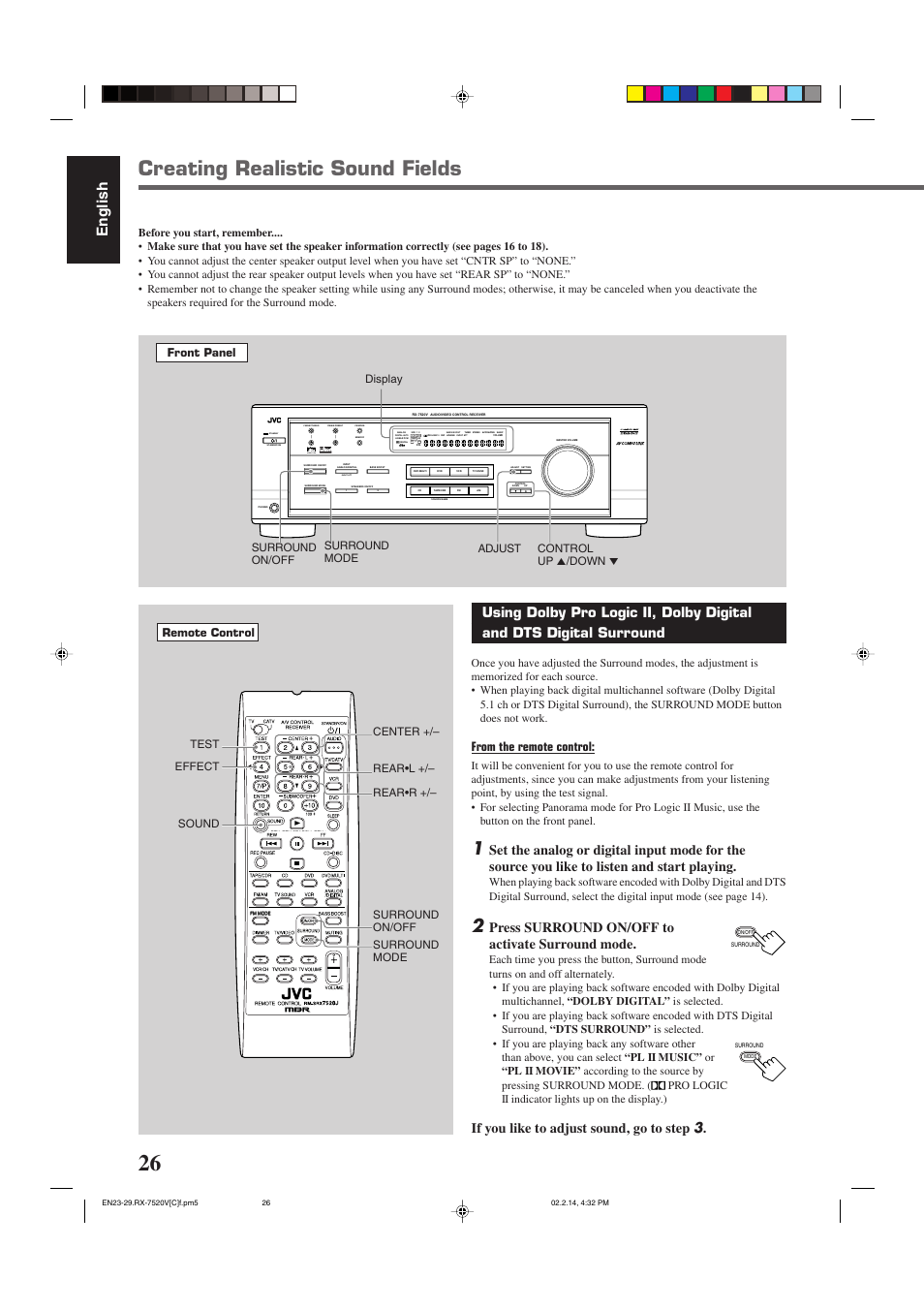 Creating realistic sound fields, English, Standby | Input att, Lc s.wfr ls rs, Slfe, Press surround on/off to activate surround mode, If you like to adjust sound, go to step 3 | JVC RX-7520VBK User Manual | Page 29 / 46
