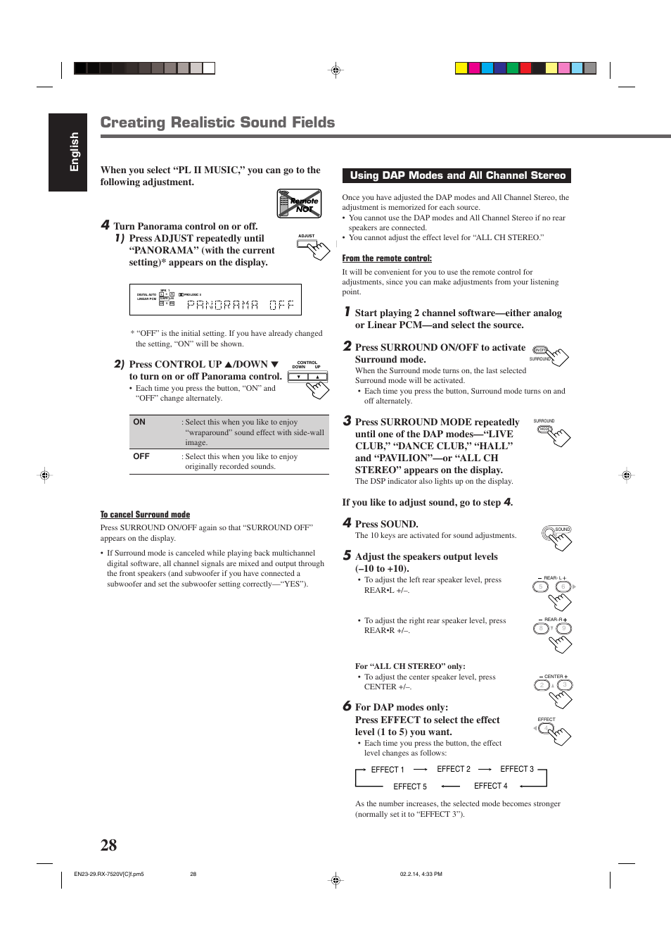 Creating realistic sound fields, English, Using dap modes and all channel stereo | Press surround on/off to activate surround mode, If you like to adjust sound, go to step 4, Press sound, Adjust the speakers output levels (–10 to +10) | JVC RX-7520VBK User Manual | Page 31 / 46