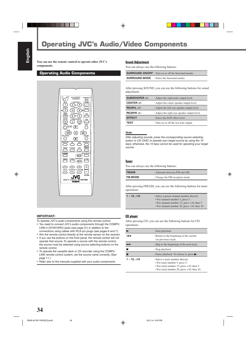 Operating jvc’s audio/video components, English, Operating audio components | JVC RX-7520VBK User Manual | Page 37 / 46