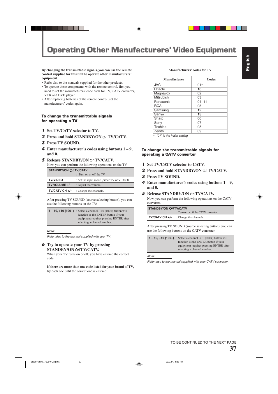 Operating other manufacturers’ video equipment, English | JVC RX-7520VBK User Manual | Page 40 / 46
