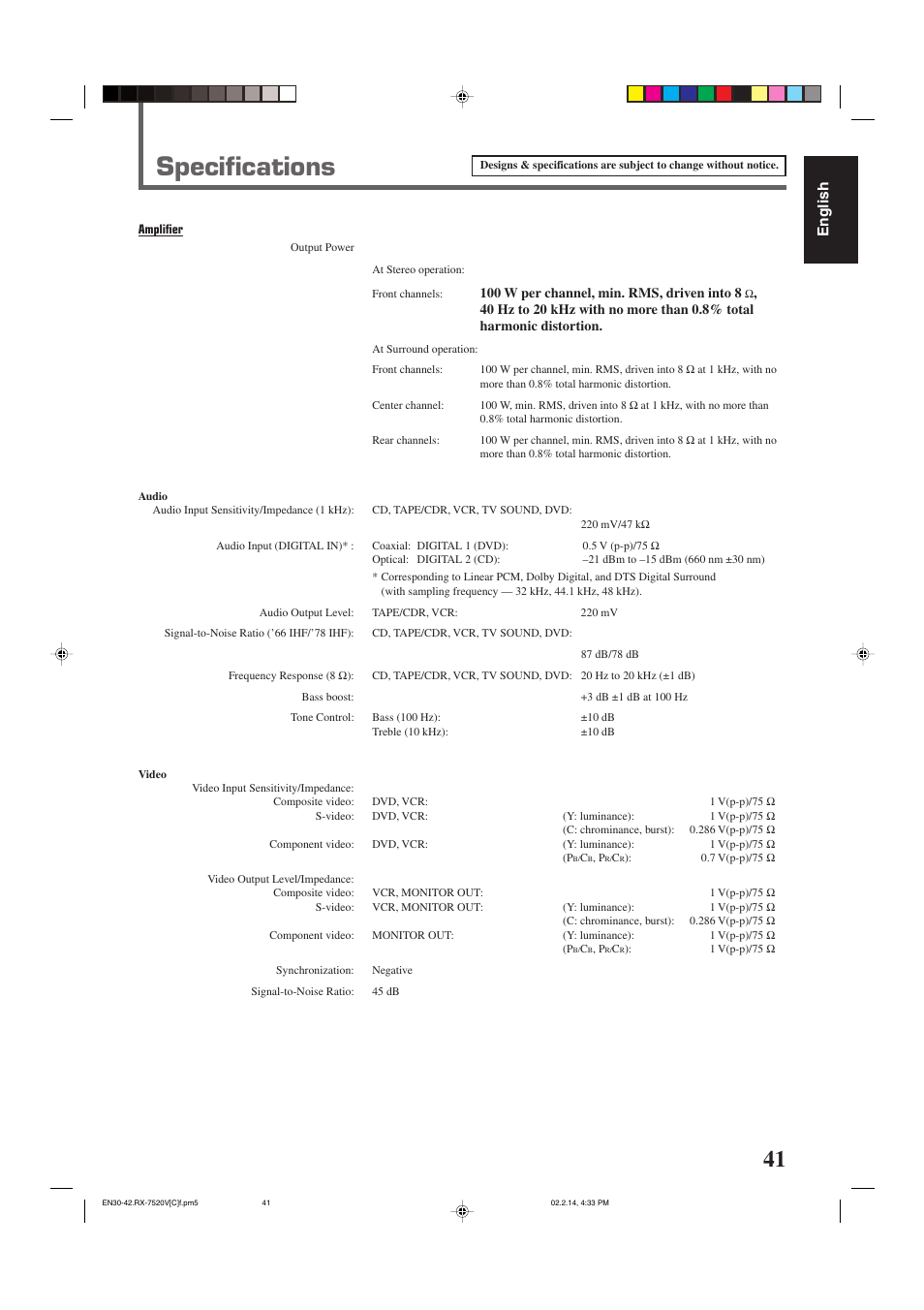 Specifications, English | JVC RX-7520VBK User Manual | Page 44 / 46