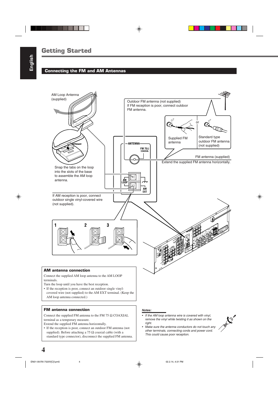 Getting started, English, Coaxial | Connecting the fm and am antennas, Am antenna connection, Fm antenna connection, Am loop fm 75, Am ext antenna | JVC RX-7520VBK User Manual | Page 7 / 46