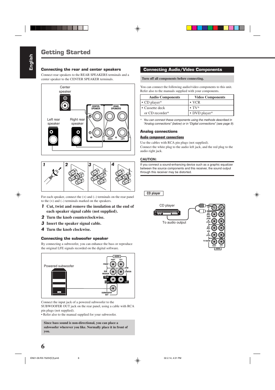 Getting started, English, Connecting audio/video components | Connecting the rear and center speakers, Connecting the subwoofer speaker, Analog connections audio component connections | JVC RX-7520VBK User Manual | Page 9 / 46