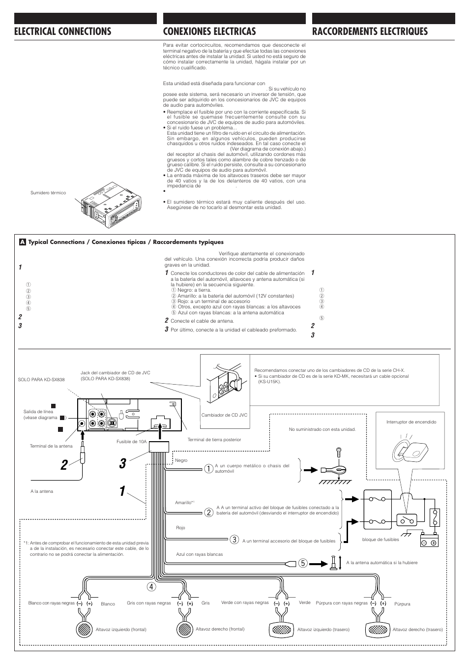 Electrical connections, Conexiones electricas, Raccordements electriques | JVC KD-SX838 User Manual | Page 3 / 4