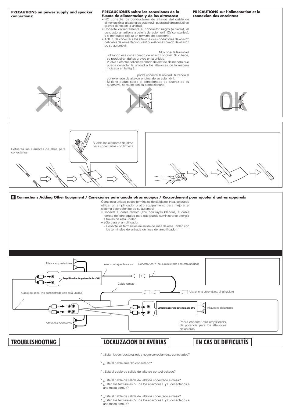 Localizacion de averias, En cas de difficultés, Troubleshooting | JVC KD-SX838 User Manual | Page 4 / 4
