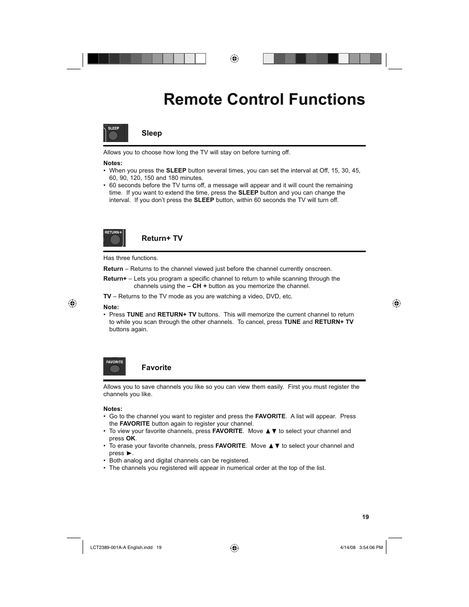 Remote control functions, Sleep, Return+ tv | Favorite | JVC 0208KTH-II-IM User Manual | Page 19 / 52